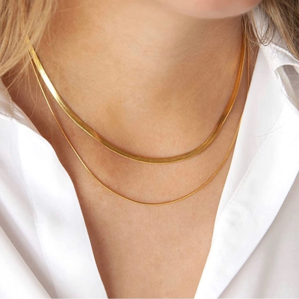 Gold 14k Gold Plated Herringbone Snake 2pc Necklace Set